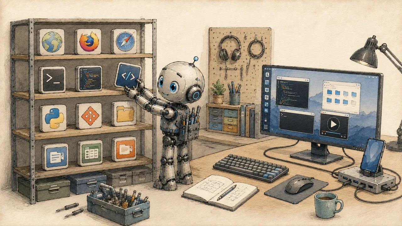 Robot mascot surrounded by Linux application icons being installed on an Android-powered desktop
