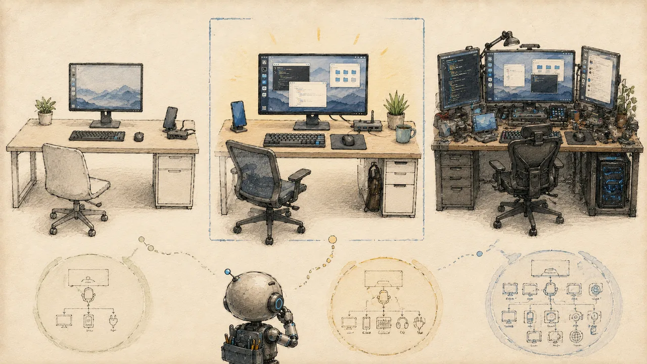 Robot mascot choosing between desktop environment layouts on a monitor driven by an Android phone