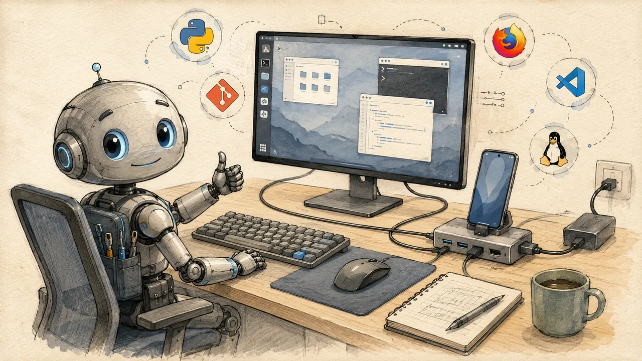 Friendly robot mascot at a desk running a full Linux desktop from an Android phone connected to a monitor, keyboard, and mouse
