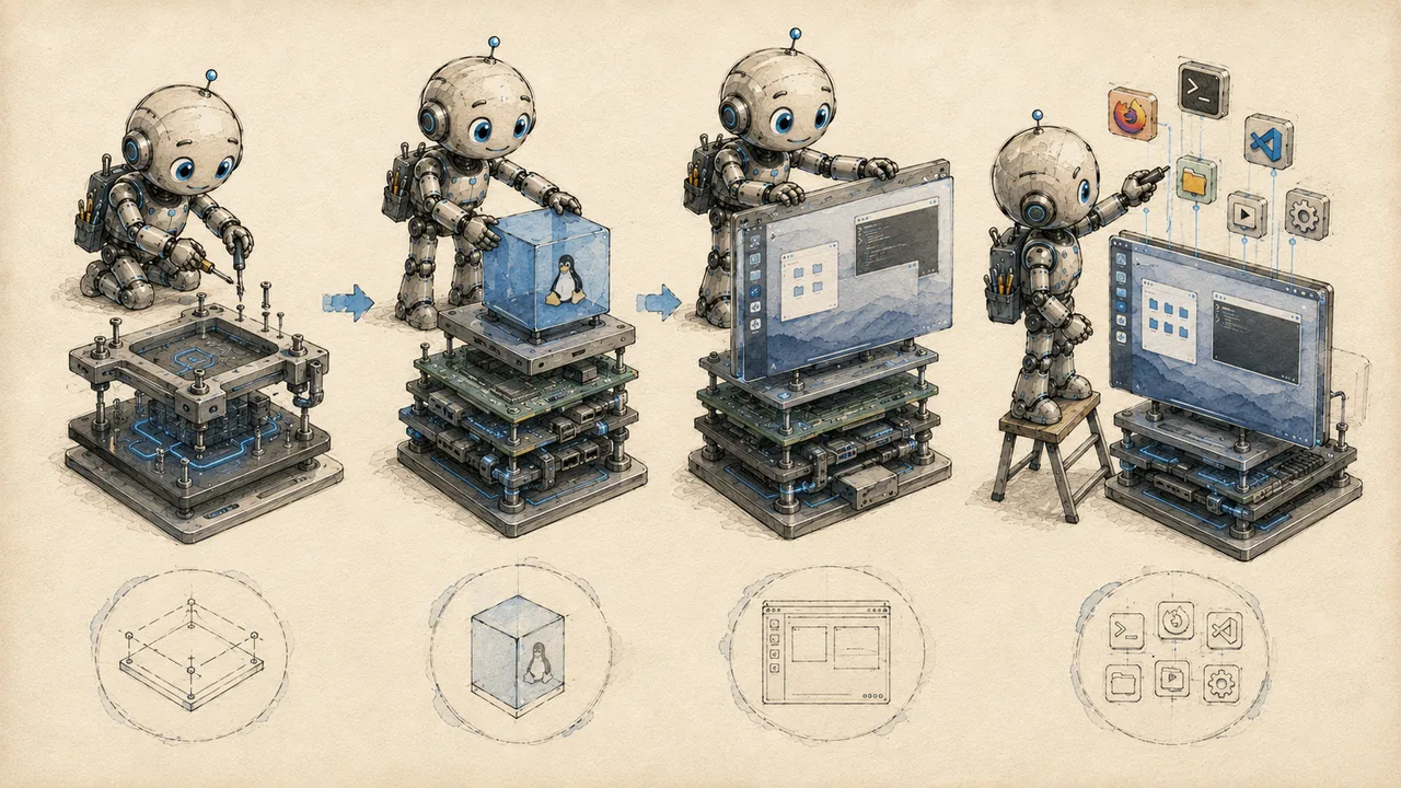 Robot mascot preparing tools and checking requirements before installing Linux on an Android phone
