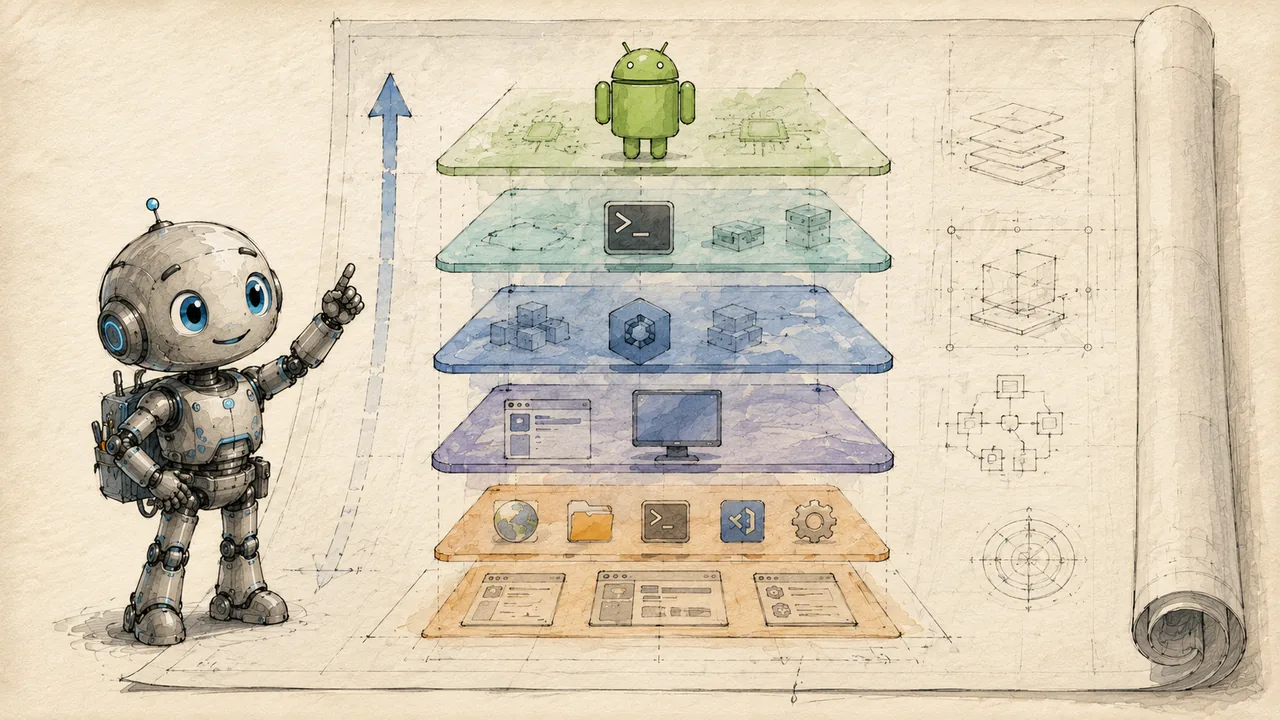 Robot mascot reading a book about Linux concepts beside an Android phone