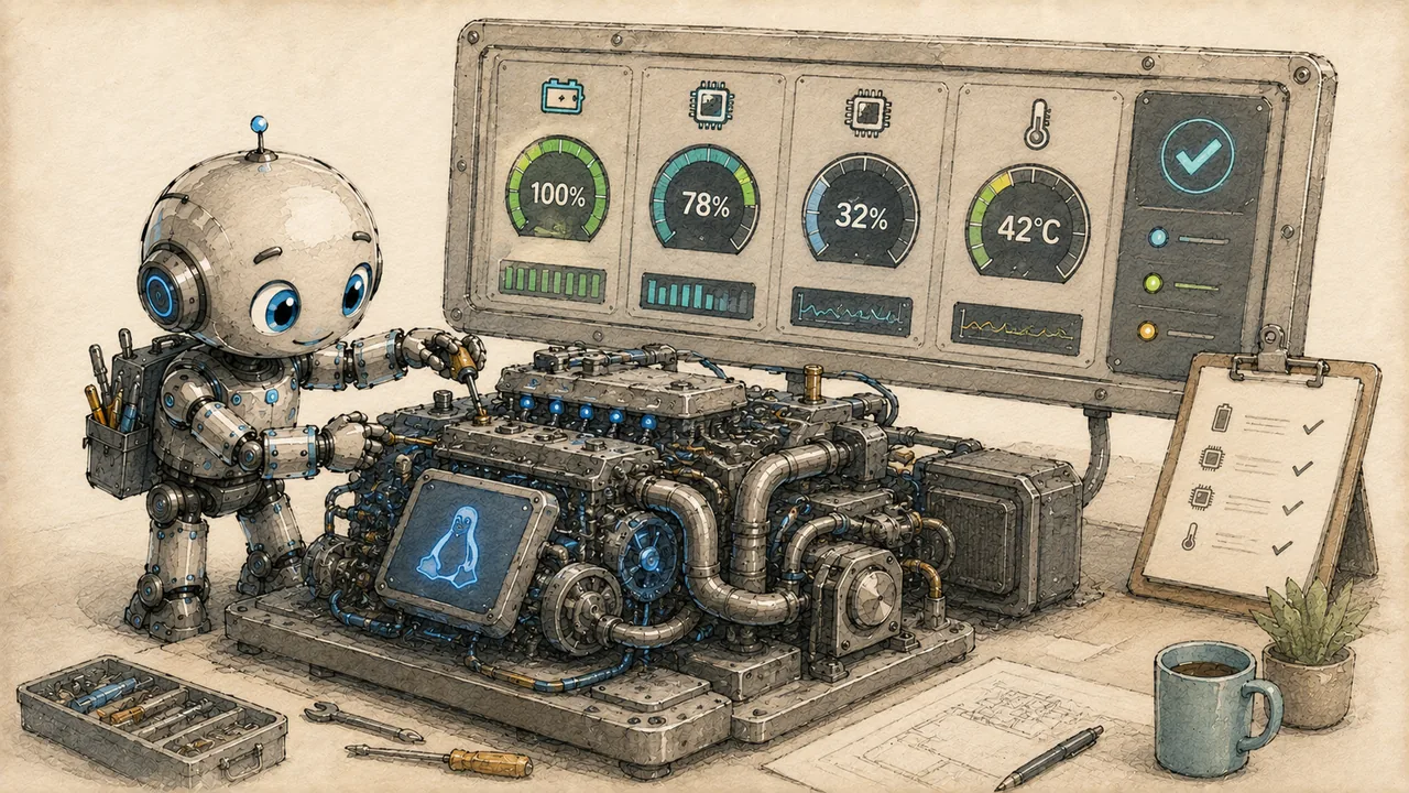 Robot mascot tuning performance dials on a speedy Android-powered Linux desktop