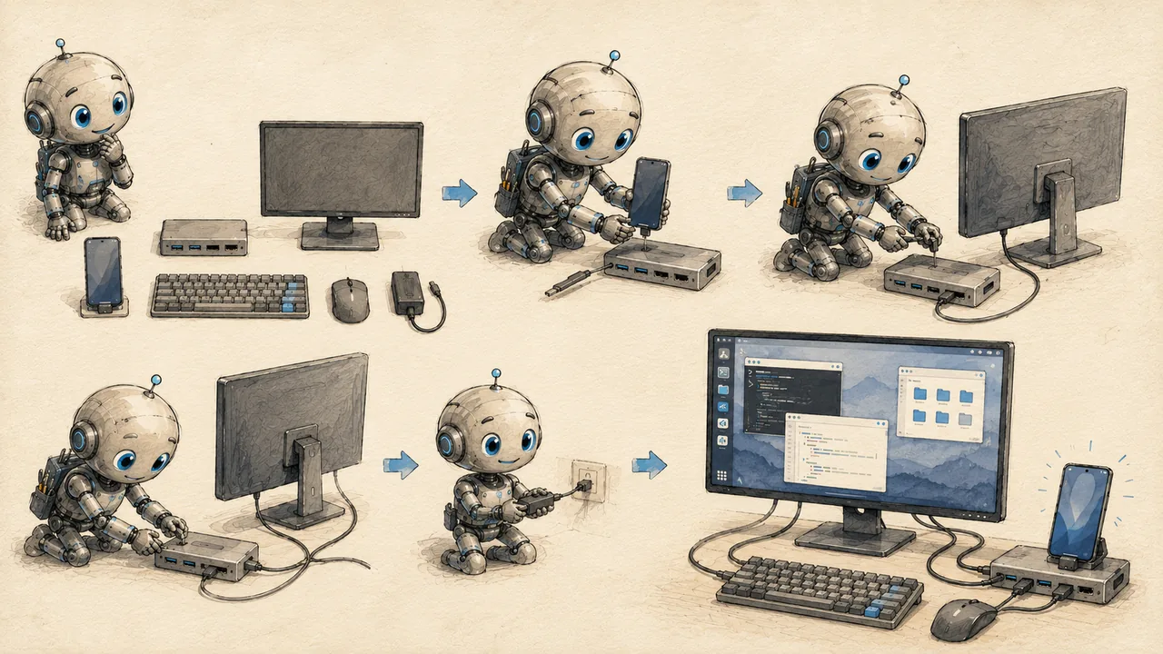 Robot mascot assembling an Android phone into a desktop Linux workstation, step by step