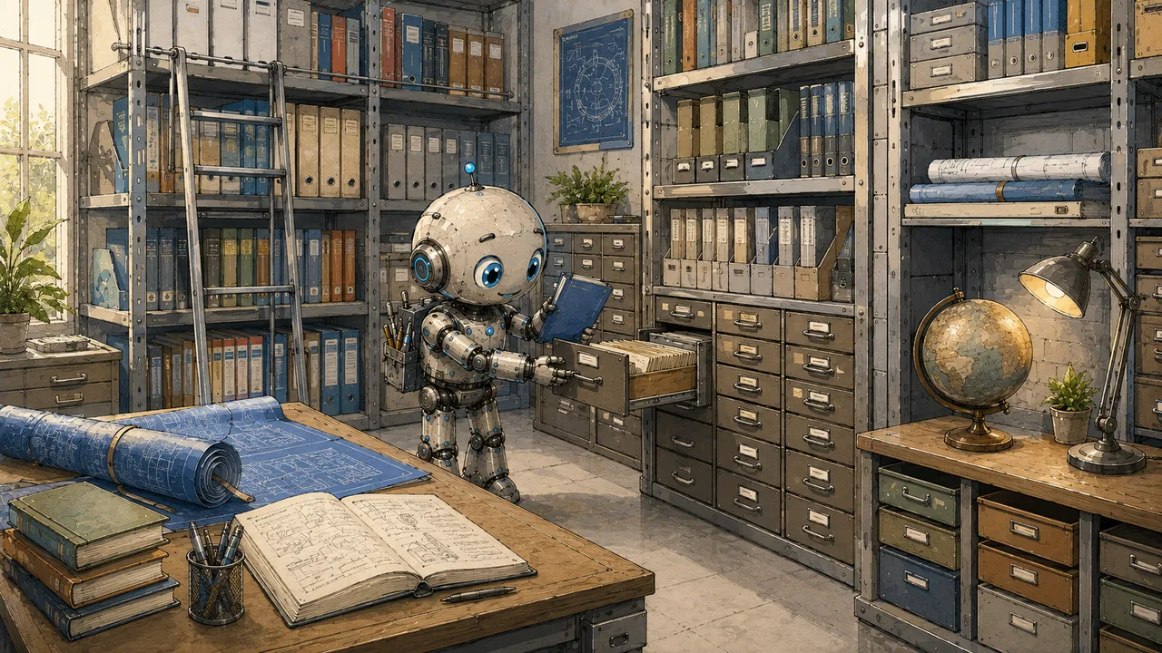 Robot mascot consulting a reference manual beside a terminal window