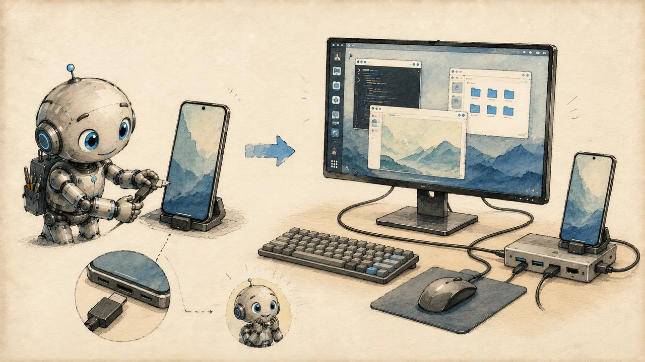Robot mascot using Samsung DeX: a Galaxy phone powering a desktop on an external monitor