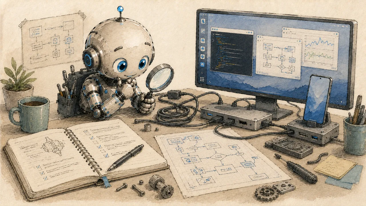 Robot mascot with a wrench diagnosing a problem on an Android Linux desktop setup