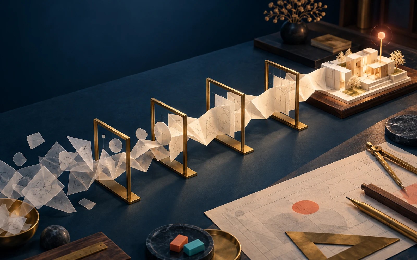 Loose planning fragments pass through four decision frames and resolve into a precise architectural model.
